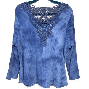 Lace Crochet Back Thermal Trapeze Shaped Top Blue Beaded Boho Size 18/20 Avenue